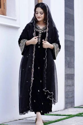 Black Sequence Work Pure Velvet Salwar Suit