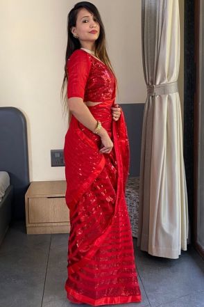 Blood Red Sequence Work Saree For Farewell Party