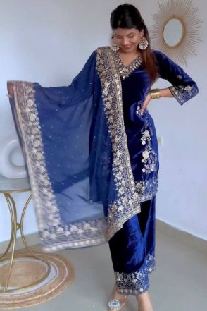 Blue Viscose Velvet Salwar Kameez With Dupatta