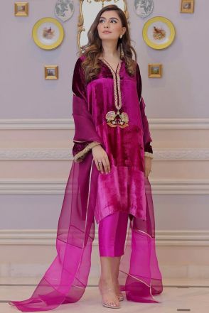 Bright Pink 9000 Viscose Velvet Readymade Salwar Suit