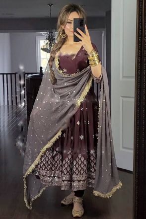 Brown Sequence Embroidery Work Long Gown