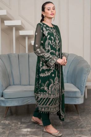 Dark Green Faux Georgette Embroidered Salwar Suit