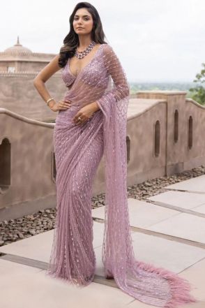 Dusty Rose Pink Designer Saree With Zalar Border