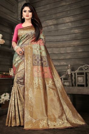 Gold Yellow Lichi Silk Diwali Wear Saree