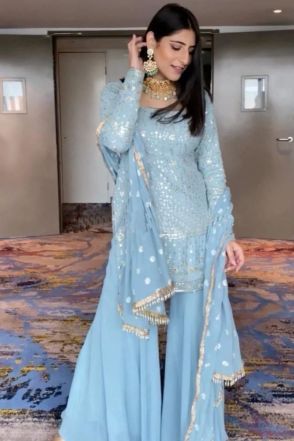 Indian Designer Yankita Kapoor Style Light Blue Palazzo Suit