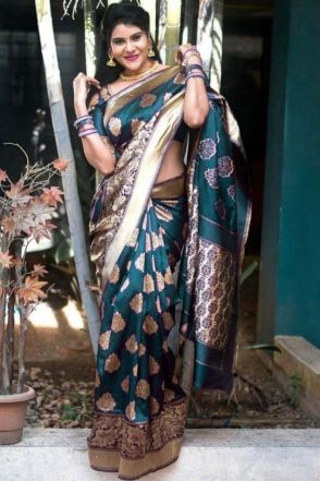 Indian Women Wear Teal Blue Jacquard Work Saree