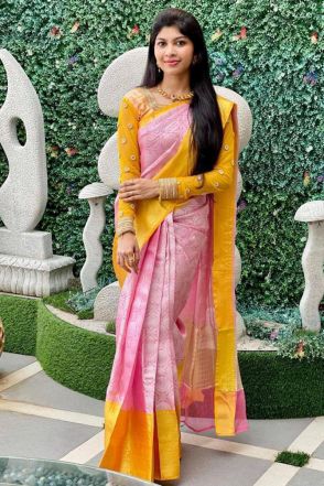 Light Pink Banarasi Soft Silk Jacquard Saree