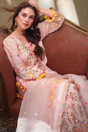 Light Pink Faux Georgette Mirror Work Sharara Salwar Suit
