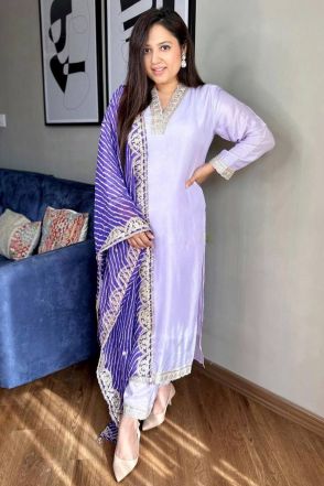 Light Purple Embroidred Pant Style Salwar Suit