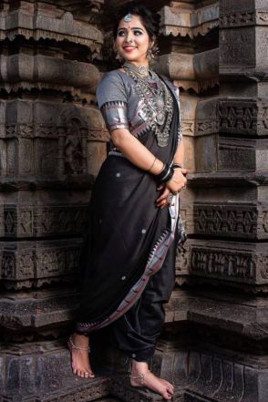 Maharastrian Style Black Soft Lichi Silk Saree
