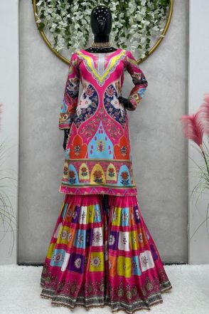 Multi Color Satin Silk Printed Sharara Salwar Kameez