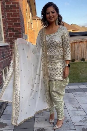 Punjabi Style White Faux Georgette Dhoti Salwar Suit