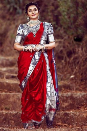 Red Jacquard Work Maharastrian Style Wedding Saree