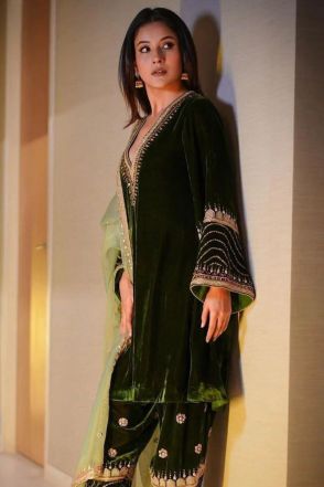 Sehnaaz Gill Wear Dark Green Thread Work Straight Dress