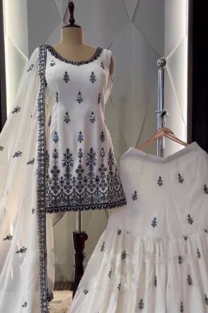 White Faux Georgette Sequence Work Sharara Suit