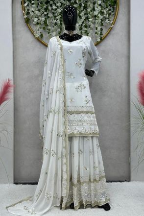 White Faux Georgette Thread Work Sharara Style Dress