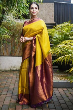 Yellow Banarasi Soft Silk Zari Work Saree