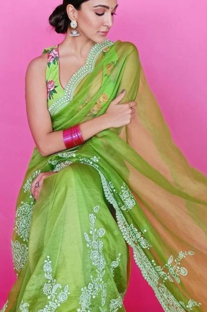 Banarasee Chiffon Floral Zari Buti & Border Saree-Lime Green