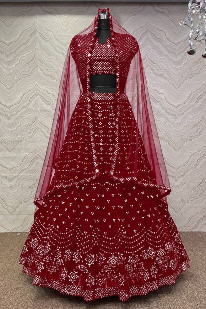 Blood-red embroidered velvet semi stitched lehenga - Monjolika - 3267400