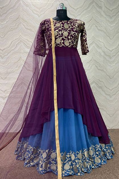 Blue Lehenga With Embroidery Work Up Down Style Kurti