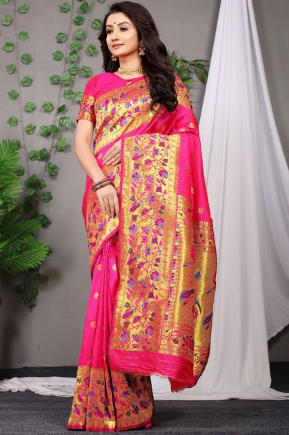 Light Pink Saree in Silk with Golden Woven Border and Pallu -...