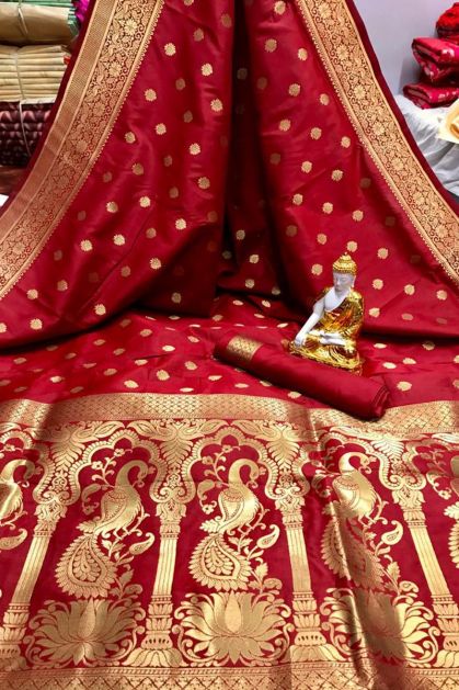 CHARUKRITI Dark Red Cotton Silk Woven Saree With Blouse