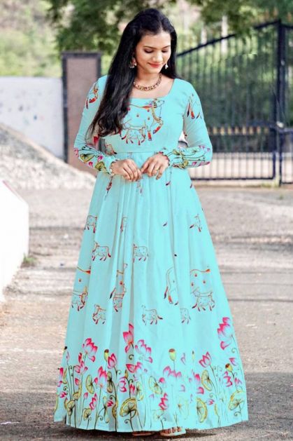 Dark Sky Blue Anarkali Gown with Abla Work & Gold Butis - Seasons India
