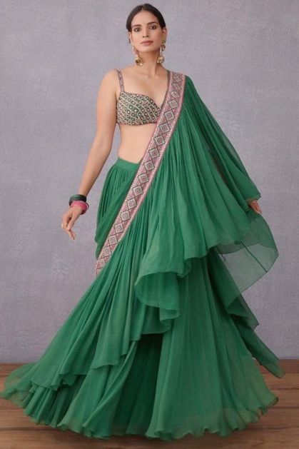 Green Faux Georgette Readymade Ruffle Saree