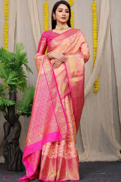 Pink tissue kanjivaram silk saree – WeaveinIndia