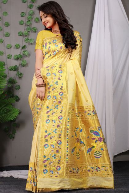 Lemon Yellow Paithani Saree With Zari Weaving Work – Bahuji - Online  Fashion & Lifestyle Store