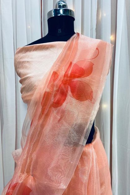 Shop Peach Color Pure organza silk sarees From Amoha Silk Online Store