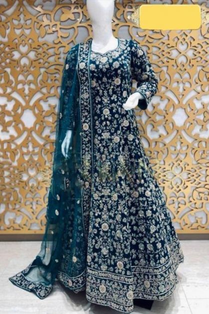 Peacock Blue Flower Embroidery Work Anarkali Gown