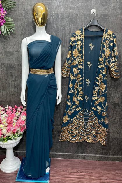 peacock blue plain saree with beautiful long shrug gj100559 4