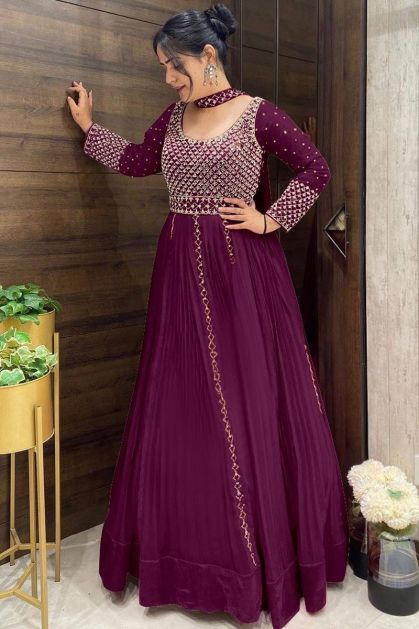 Grape Purple Banarasi Anarkali Dress - Absolutely Desi