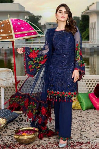 ramzan eid special navy blue heavy embroidery work dress gj400164