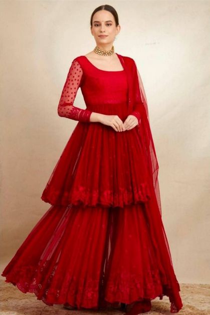 Sharara Suits : Red embroidery work sharara suit