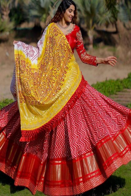 Tango-Red Cotton Multicolor Satin Digital Print Navratri Lehenga Choli With  Side Chain - Dori And Muslin Dupatta