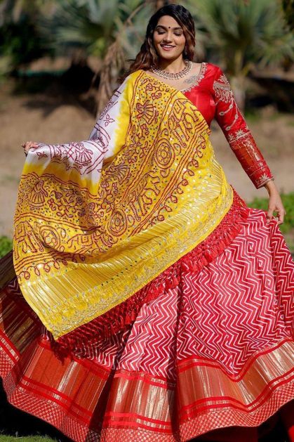 Bright Red Printed Lehenga Choli – Indian Rani