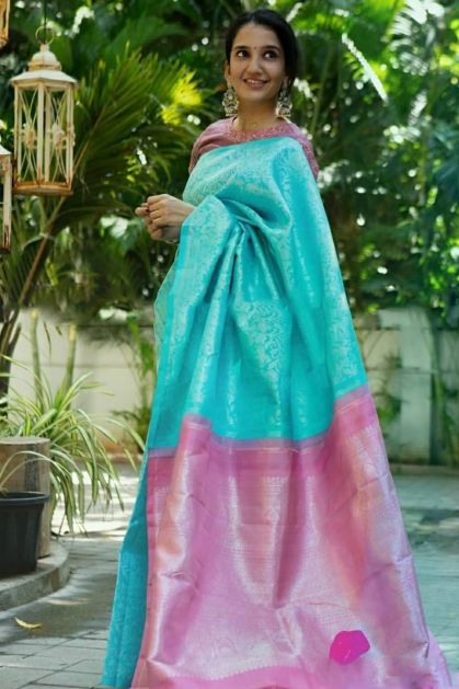 Buy Sky Blue Silk Saree online-Karagiri