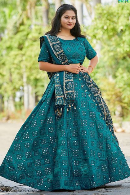 teal blue foil work lehenga choli with bandhani dupatta gj300598