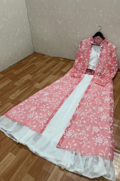 white plain lehenga choli with embroidery work long shrug gj300158 2