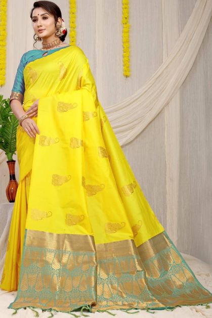 Golden Yellow with Copper Sulphate Blue Mysore Silk Saree