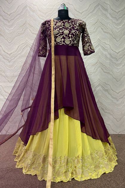 Purple And Yellow Designer Silk Lehenga Choli