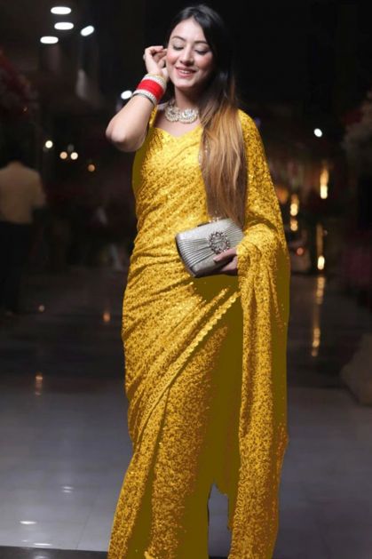 Yellow Fancy Sequence Work Saree